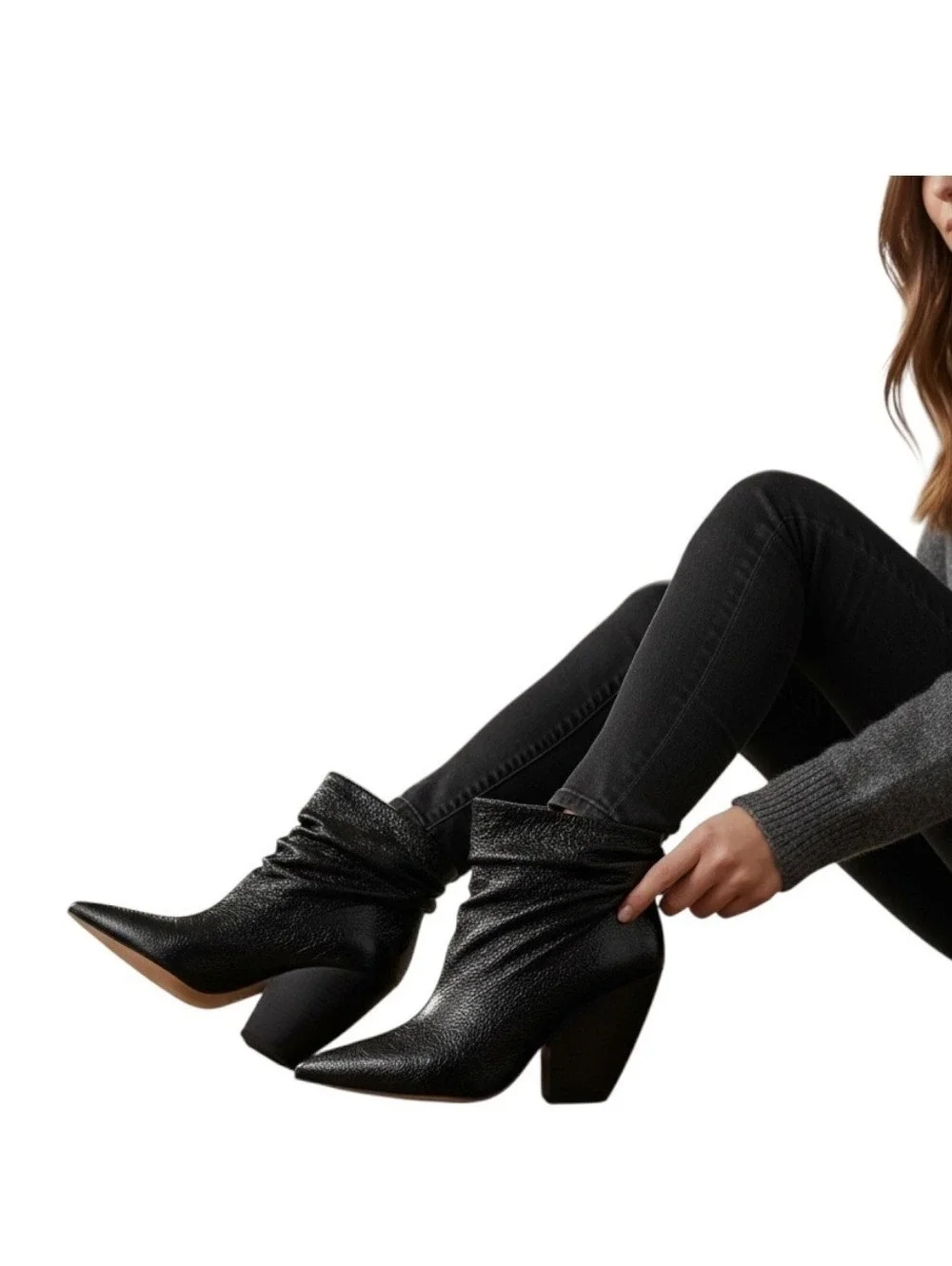 IRO Black Ruched Leather Slouchy Pointed Toe Ankle Boots Cone Heel Size 7